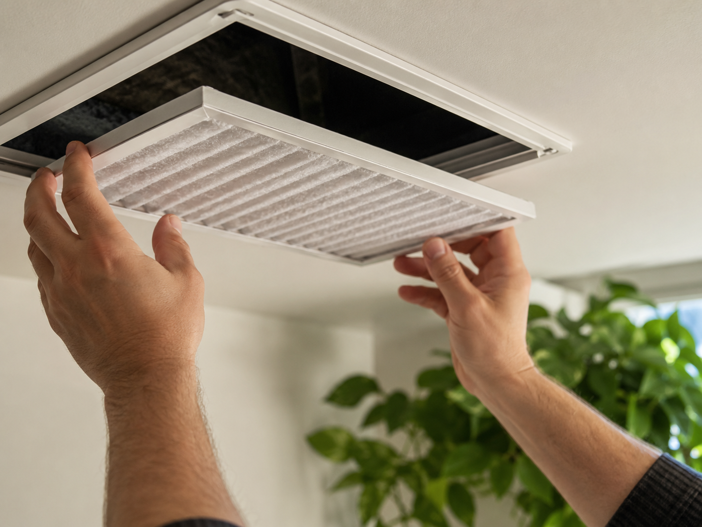 A homeowner doing light seasonal maintenance in a bright, tidy room