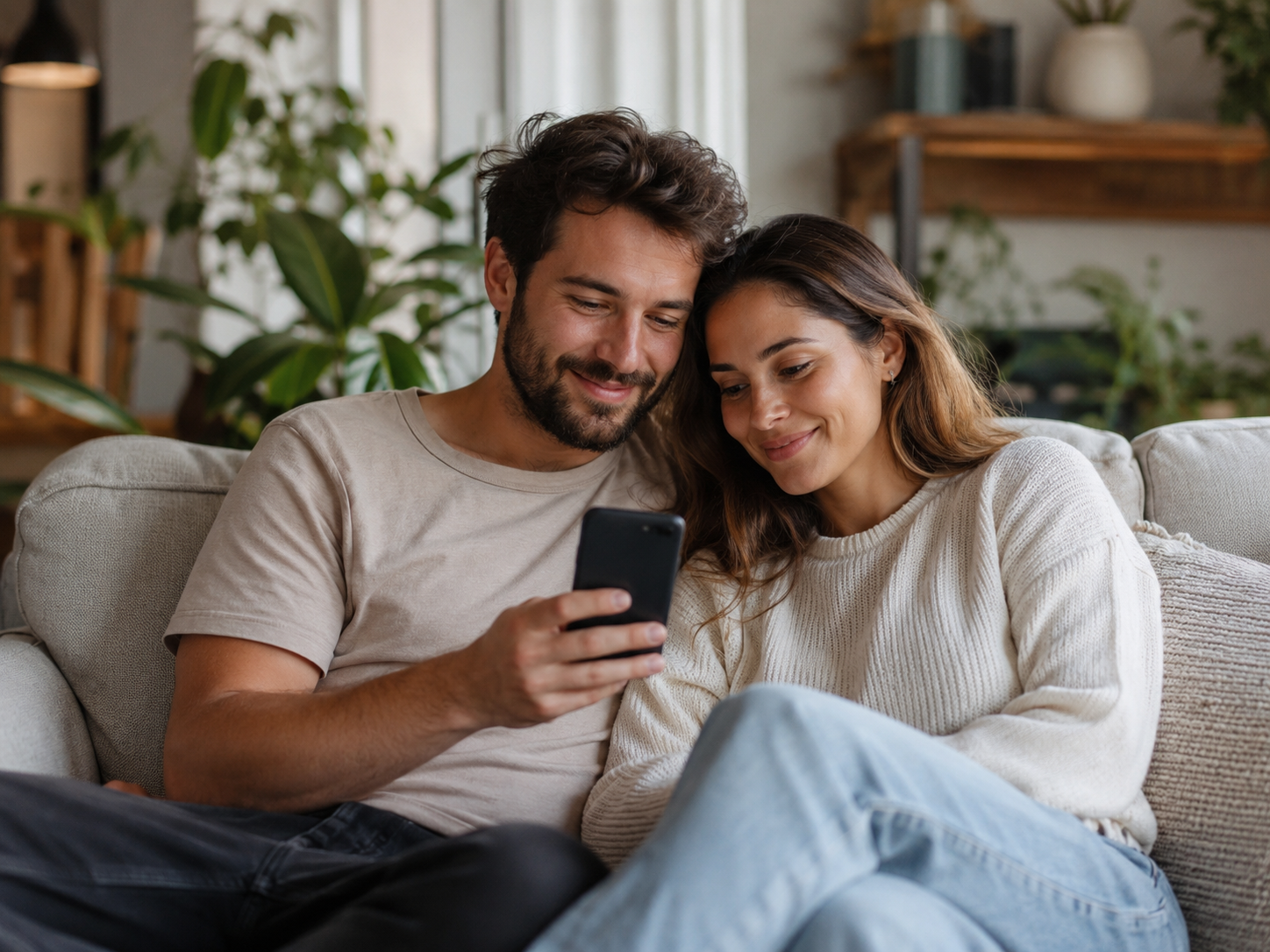 A relaxed couple in a cozy, well-kept living room looking at a phone together